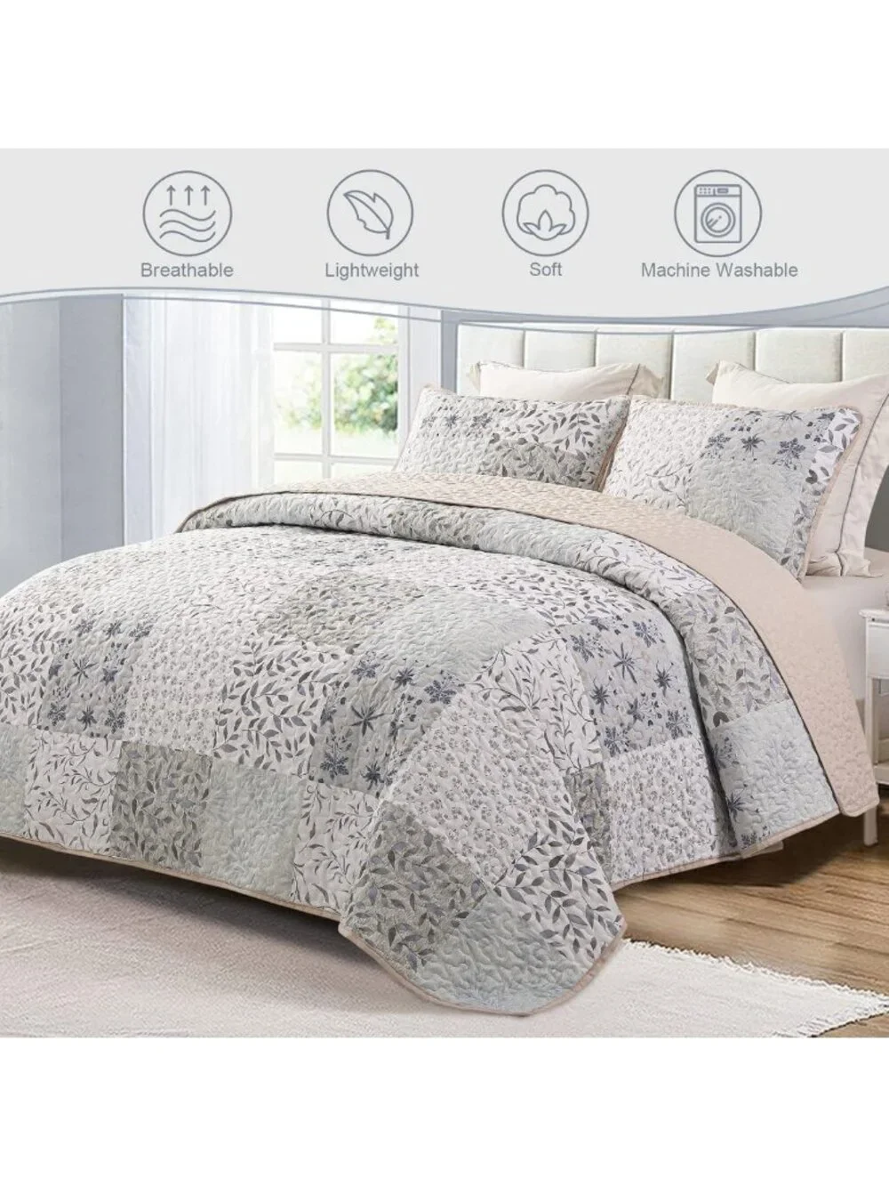 Reversible Boho Twin Quilt Set | Lightweight Floral Patchwork Bedspread & Pillow
